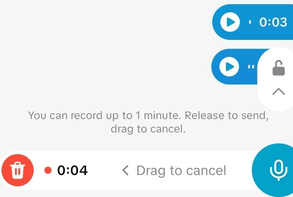 With my finger held down on the microphone button, I can swipe up or left if I DON’T want to automatically send the message. Image: TikTok, Sean Hollister / The Verge